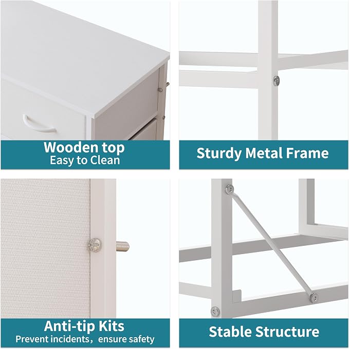 LUMTOK 10-Drawer Dresser, Fabric Storage Tower with Drawers for Bedroom, Dresser Drawer with Handle for Bedroom, Living Room, Hallway, Closets & Nurseryteel Frame, Wood Top (10 Drawer/White)