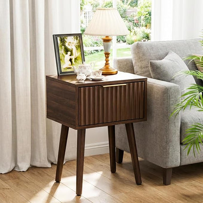 VINGLI Night Stand, Fluted Nightstand Wood, Mid Century Modern Nightstand for Bedroom, Bedside Table, Wood Side Table, Small Night Stand Walnut, 15.75" W*11.81" D*21.85" H