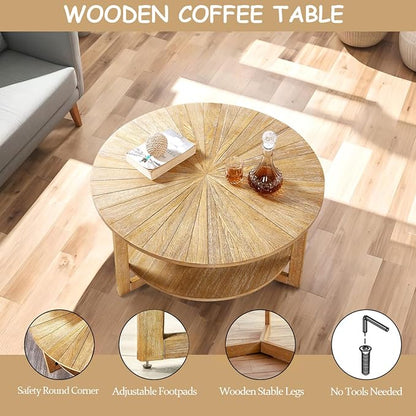Round Coffee Table, 35" Circle Wood Coffee Table with Storage Shelf, 2 Tier Center Table for Living Room Apartment Home Furniture, Easy Assembly (Light Brown,35" Dx35 Wx18 H)