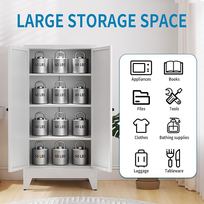 48" H White Steel Pantry Storage Cabinet with 3 Adjustable Shelves | 4-Tier Tall Metal Cabinets for Kitchen, Living Room, Garage, Heavy Duty Freestanding Utility Cabinet, Assembly Required