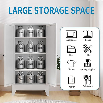 48" H White Steel Pantry Storage Cabinet with 3 Adjustable Shelves | 4-Tier Tall Metal Cabinets for Kitchen, Living Room, Garage, Heavy Duty Freestanding Utility Cabinet, Assembly Required