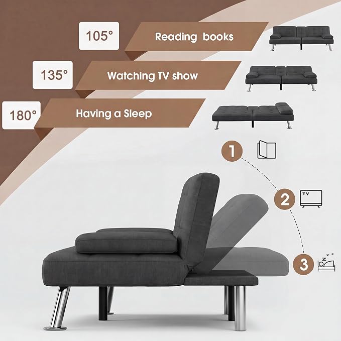 Flamaker Futon Sofa Bed Modern Folding Futon Set Linen Fabric Convertible Recliner Lounge for Living Room with 2 Cup Holders, Removable Armrests (Fabric, Carbon Black)