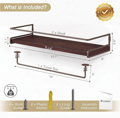 Forbena Dark Brown Kitchen Shelves Wall Mounted Set of 2, Walnut Brown Floating Kitchen Wall Shelves with Rail, Hanging Shelves for Kitchen Wall Coffee Bar (Wooden Pine Wood)
