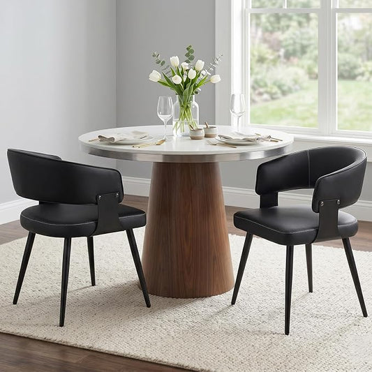 Dining Chairs Set of 2, Modern Upholstered PU Leather Kitchen & Dining Room Chairs with Curved Open Back Metal Legs, Kitchen Chairs for Dining Room Restaurant (Black, Set of 2)