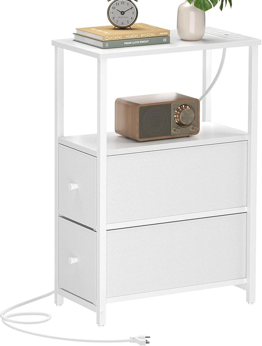 TUTOTAK Small Narrow End Table with Charging Station, Side Table with Outlets, Nightstand with 2 Cloth Drawers, Couch Table, for Living Room, Bedroom, Bedside, White TB01BW085
