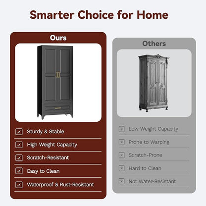 Metal Armoire Wardrobe Closet with Hanging Rod, 71" Tall Wardrobe Cabinet with Doors and Adjustable Shelves, Clothing Storage Cabinets with Drawer for Bedroom