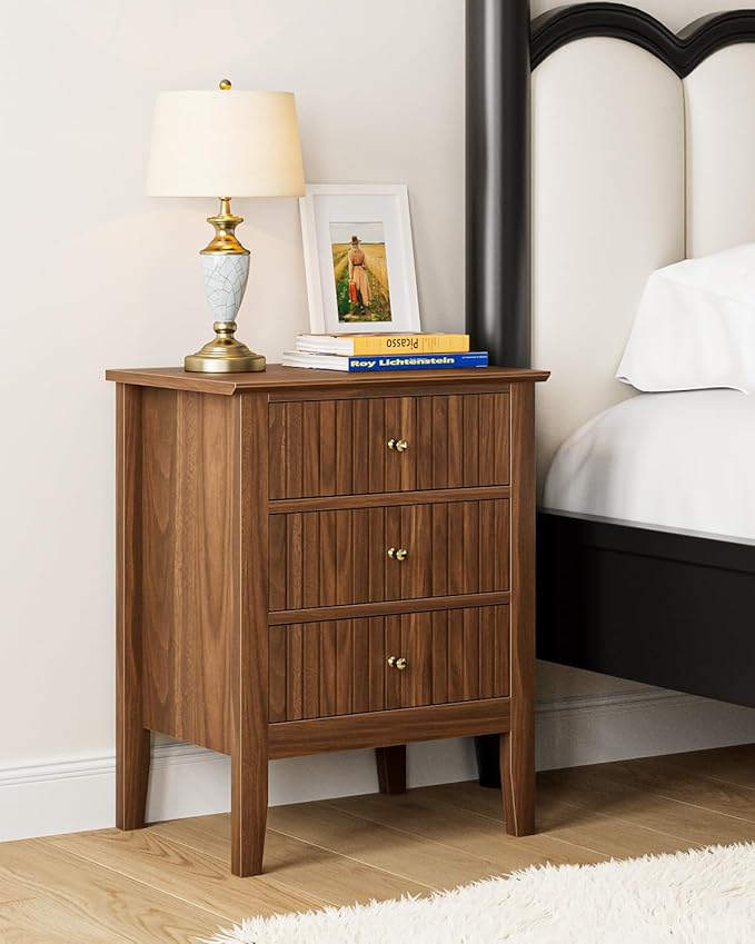 Nightstand Vintage, Fluted Night Stand Tall Farmhouse Beside Table with 3 Drawers, Mid Century Modern Side Accent Table,Bedside End Table for Bedroom, Walnut