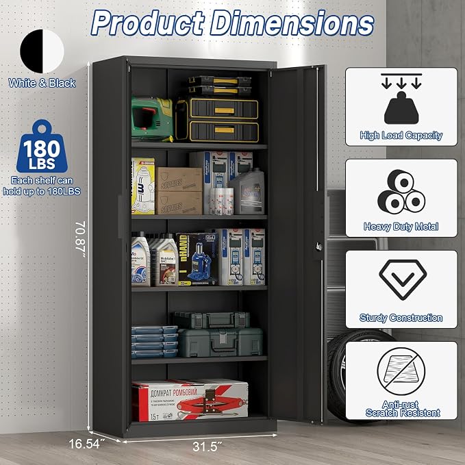 71" H Locking Cabinets, 16.5'' Deep Metal Garage Storage Cabinet with Doors and Shelves, Balck Cabinets for Garage, Kitchen, Office