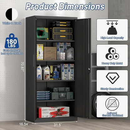 71" H Locking Cabinets, 16.5'' Deep Metal Garage Storage Cabinet with Doors and Shelves, Balck Cabinets for Garage, Kitchen, Office