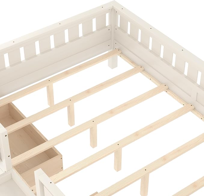 Queen Platform Bed with Storage Drawers and Bookshelves, Kids Platform Bed Frame with Low-profile Stairs and Full-length Guardrails, Queen Bed Frame for Boys, Girls, No Box Spring Needed, Beige
