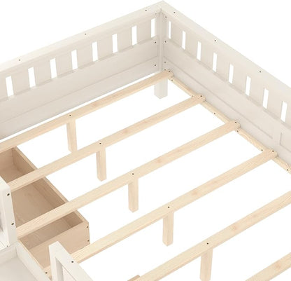 Queen Platform Bed with Storage Drawers and Bookshelves, Kids Platform Bed Frame with Low-profile Stairs and Full-length Guardrails, Queen Bed Frame for Boys, Girls, No Box Spring Needed, Beige