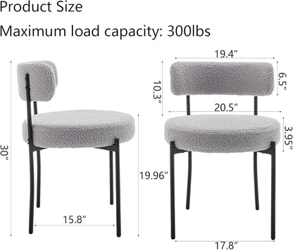 Cinxzar Boucle Dining Chairs Set of 2, Upholstered Dining Room Chairs with Black Metal Legs, Round Modern Dining Chair for Dining Room, Kitchen (Light Grey)
