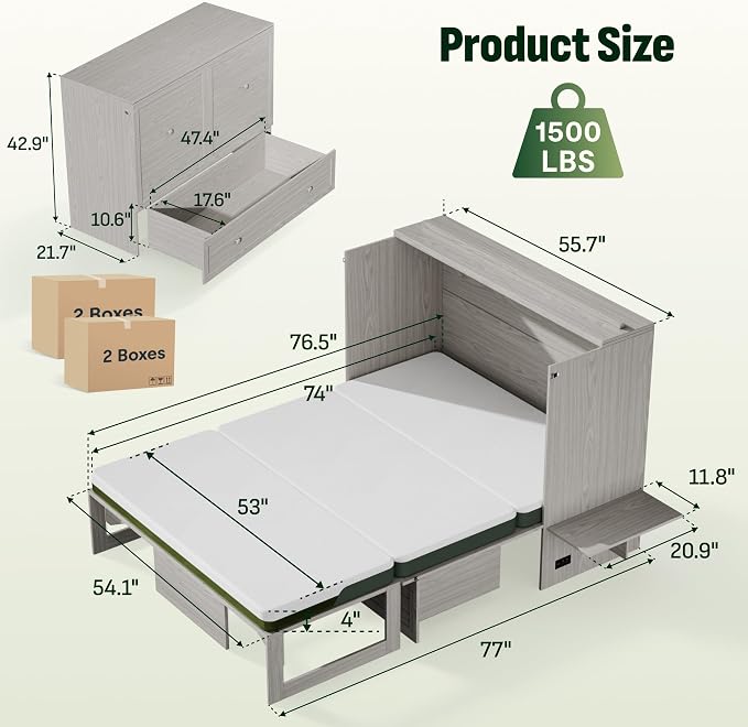 Softa Full Murphy Bed Cabinet with 4" Tri-Fold Mattress, Storage Drawer & Charging Station, 1200 Lb Heavy Duty Wood Wall Bed with Fold-Down Desk for Guest Room & Home Office, No Box Spring Needed