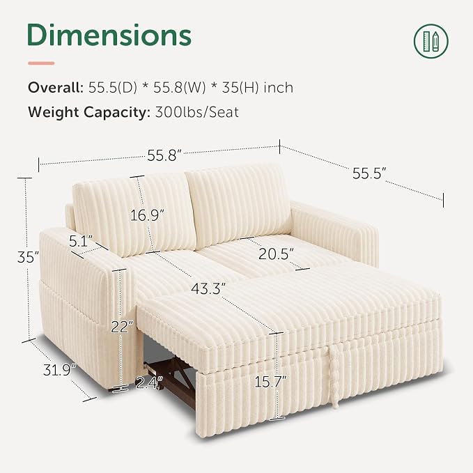 HONBAY Modular Pull Out Sofa Bed,Corduroy Loveseat, Couches for Living Room,Beige