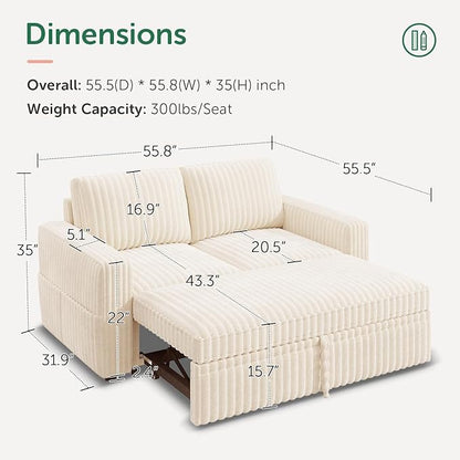 HONBAY Modular Pull Out Sofa Bed,Corduroy Loveseat, Couches for Living Room,Beige