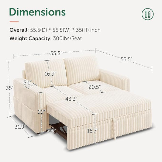 HONBAY Modular Pull Out Sofa Bed,Corduroy Loveseat, Couches for Living Room,Beige