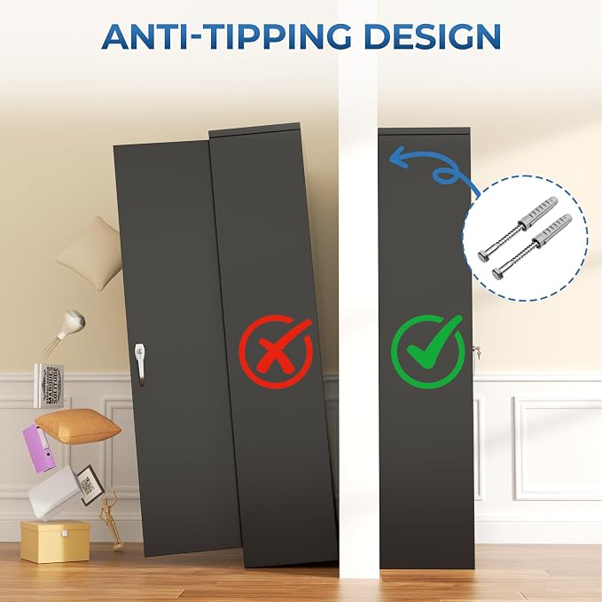 INTERGREAT Metal Wardrobe Cabinets with Lock, 72" Clothing Storage Cabinets with Hanging Rod and 4 Adjustable Shelves, Armoire Wardrobe for Office, School, Employee, Government, Black