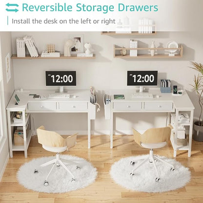DLisiting Small White L Shaped Desk with Drawers & Storage Shelves, 40 Inch Corner Desk with Power Outlet for Small Space Home Office, Study Work PC Desks for Bedroom
