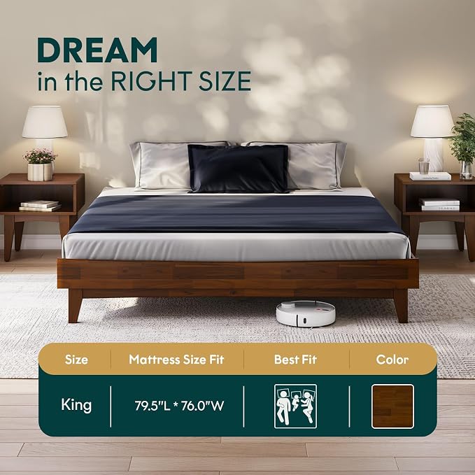 Bme Catherine King Platform Bed Frame, Modern Bed Frame Without Headboard, Wooden Low Profile Bed Frame, Acacia Platform Bed Frame King, No Box Spring Needed, Supports up to 800lbs - Dark Chocolate