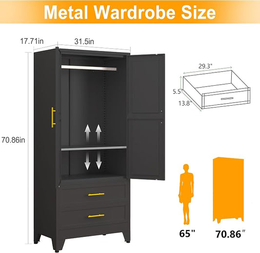 Ckzbx 71" H Metal Armoire Wardrobe Closet with 2 Drawers, Adjustable Shelve, Clothes Drying Pole, Steel Wardrobe Cabinet for Bedroom (Black)