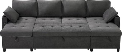 110" U-Shaped Pull Out Sofa Bed w/Adjustable Backrests, Grey | Sectional Sleeper Couch w/Convenient USB Ports & Storage Chaise, Upholstered Sofa Bed w/Cup Holders for Living Room, House
