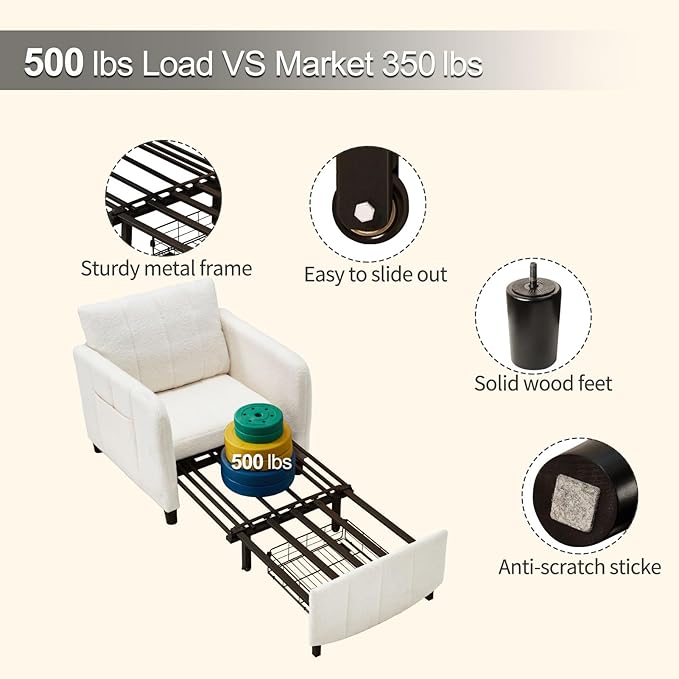 ZZW Sleeper Chair 84" Extra Long Convertible Chair Bed Upgraded 3-in-1 to 4-in-1 Pull Out Chair & Single Sofa Bed for Adult Sleeping Chair for Living Room & Small Space (White)