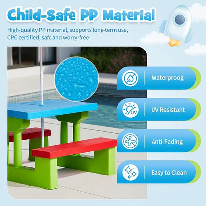 JOYMOR Kids Picnic Table with Removable Umbrella, Plastic Kids Activity Table for Outdoors, Toddler Table and Bench Set for Ages 3+, Ideal for Garden, Patio, Coloful
