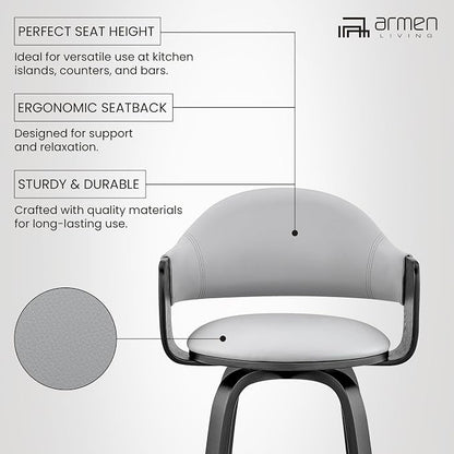 Armen Living Daxton Mid Century Modern Swivel Bar Stool for Kitchen Island Counter in Gray Faux Leather and Black Wood, 26" Seat Height