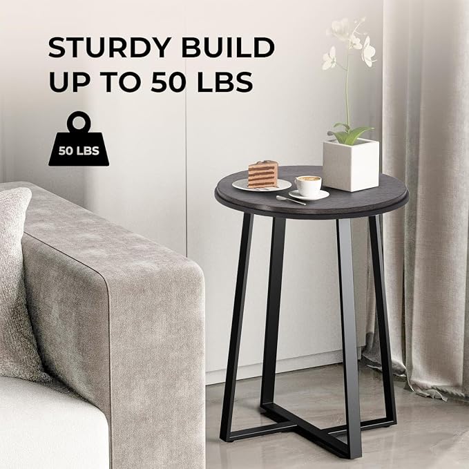 Dorriss Round End Table, Small Side Table Grey Color MDF Top, Metal Frame Black, Tall End Side Table for Bed Room, Coffee Tea End Table for Living Room(Round Grey)