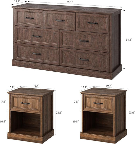 CARPETNAL Farmhouse Dresser and Nightstand Sets for Bedroom, 3 Pcs Bedroom Set, 7 Drawer Dresser & Nightstand Set of 2, Modern Wood Chest of Drawers for Bedroom, Living Room, Entryway, Brown