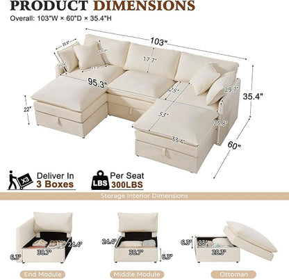 Ihanherry 103” Modular Sectional Sofa with Storage, U Shaped Cloud Couch with Movable Ottomans & 4 Pillows, Chenille Deep Seat Sectional Couches for Living Room, Apartment (Beige)