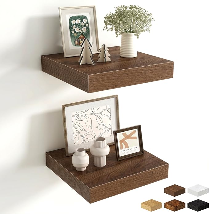 Fun Memories Floating Shelves for Wall 10 Inch, 10 Inch Deep Square Wall Shelves, Bathroom Storage Shelves Over Toilet, Wood Floating Shelves for Living Room Bedroom, Walnut, Set of 2