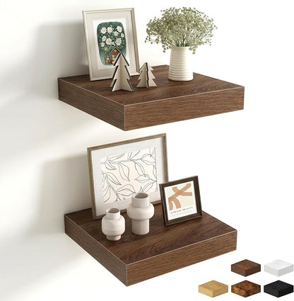 Fun Memories Floating Shelves for Wall 10 Inch, 10 Inch Deep Square Wall Shelves, Bathroom Storage Shelves Over Toilet, Wood Floating Shelves for Living Room Bedroom, Walnut, Set of 2