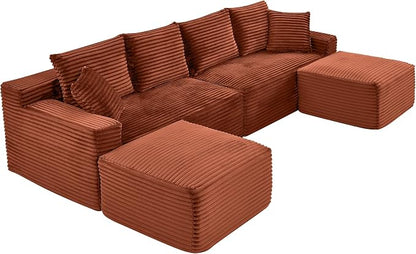 115" U-Shaped Cloud Sectional Couch, Modular Compressed Boneless Sectional Sofa W/Reversible Ottoman Chaise Lounge, Plush Corduroy Boneless Symmetrical Sofa for Living Room