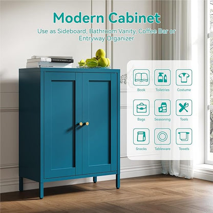 Metal Floor Storage Cabinet, Small Freestanding Sideboard Storage with 2 Adjustable Shelves for Bathroom Entryway Living Room Dining Room Coffee bar Kitchen,11.8"D x 23.6"W x 31.5"H,3-Tier,Teal Blue
