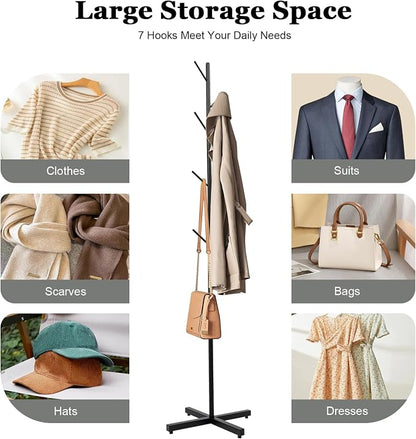 Modern Hall Tree,Floor Standing Coat Rack with 7 Hooks,Entryway Coats Stand for Hallway,Bedroom,Living Room,Office,Black