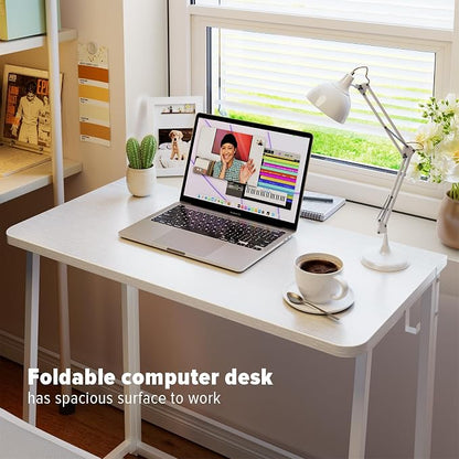 WOHOMO Folding Desk, 31.5" Small Desk for Small Spaces, Easy Assemble Foldable Computer Desk for Laptop, Mini Portable Working Table Narrow Wooden Writing Workstation for Home Office, White