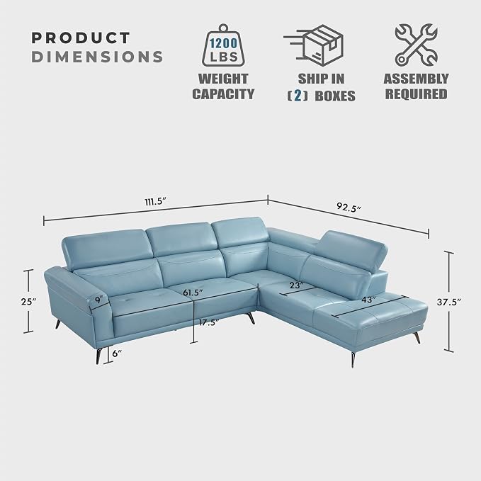 Lexicon L-Shaped Sectional Couch with Right Chaise, Top Grain Leather Match Sectional Sofa, Adjustable Headrests, Black Chrome Metal Legs, High-Density Cushions, Stitching, for Living Room, Blue