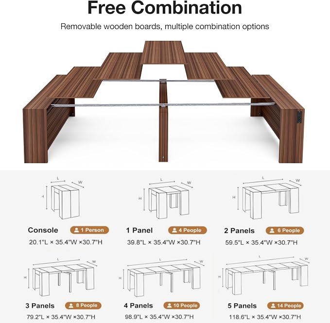 Kikihouse 19.6"-118.1" Modern Extendable Dining Table with Outlet, 2 to 12 People Space Saving Expanding Table with Storage for Party, Weddings, Meetings, Celebrations (Brown)