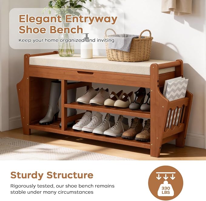 oakvivo 39.4in Shoe Bench with 2 Side Holder, 3 Tier Bamboo Entryway Bench with Storage, Shoe Rack Bench Organizer with Cushion for Entryway Hallway Living Room, Holds up to 330lbs