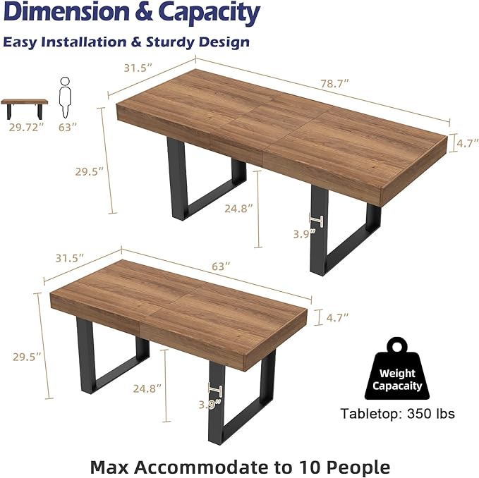 STHOUYN 63”-79” Extendable Dining Room Table, Modern Farmhouse Wooden Kitchen Table, Long Expandable Dining Table for 6 8 10, Large Expanding Tables Conference Tables (Walnut Brown)