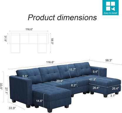 Belffin Reversible Storage Modular U-Shape Sectional Sofa Couch with Double Chaises Modular Sectional Sofa Set with Ottomans Fabric Blue