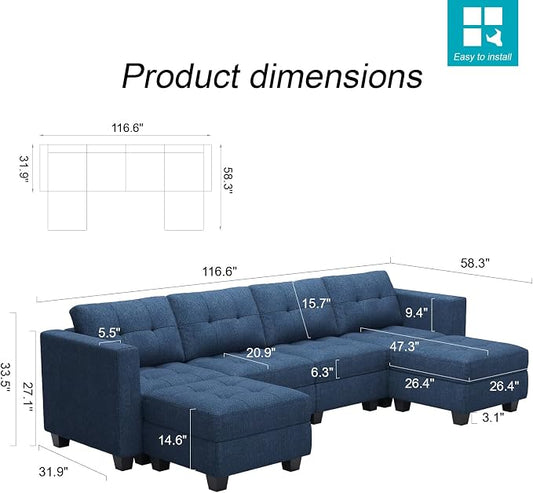 Belffin Reversible Storage Modular U-Shape Sectional Sofa Couch with Double Chaises Modular Sectional Sofa Set with Ottomans Fabric Blue