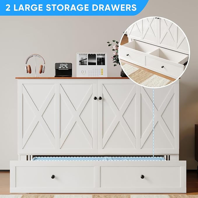PUREMIND Murphy Bed Queen with Mattress Included, X Frame Cabinet Beds Chest with Charging Station & Storage Drawers, Convertible Hideaway Cabinet Bed for Guest Room, White