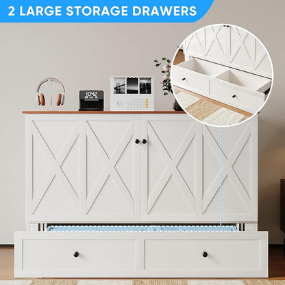 PUREMIND Murphy Bed Queen, X Frame Cabinet Beds Chest with Charging Station & Storage Drawers, Convertible Hideaway Cabinet Bed for Guest Room, White, Without Mattress
