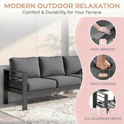 Kiss the Water 3 Seats Aluminum Outdoor Patio Sofa Set, All Weather Rust-Proof Metal Patio Couch, Modern Outdoor Furniture for Backyard Porch Garden, 5" Thick Waterproof Olefin Cushions, Light Grey