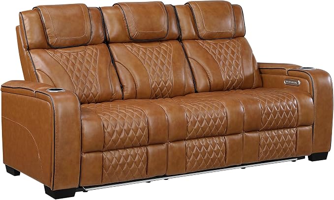 Lexicon Power Double Reclining Sofa, Center Drop-Down Table with Heat/Massage/Headrest/Storage Arms/Cup Holders/LED Lights/Wireless Charging, Top Grain Leather Match Wall Hugger Recliner Sofa, Brown