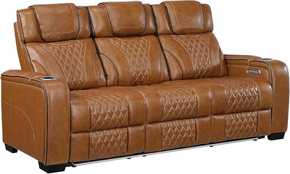 Lexicon Power Double Reclining Sofa, Center Drop-Down Table with Heat/Massage/Headrest/Storage Arms/Cup Holders/LED Lights/Wireless Charging, Top Grain Leather Match Wall Hugger Recliner Sofa, Brown