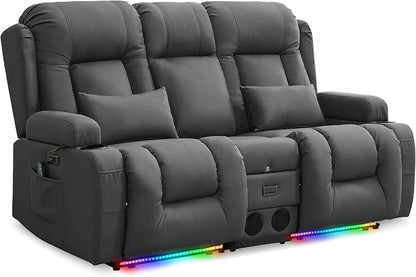 URRED Power Loveseat Recliner Sofa with Massage and Heat, Wall Hugger Reclining Loveseat with Console, RV Couch Home Theater Seating with LED Lights for Living Room (Grey, 67" - 2 Seats)