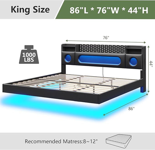 Dnxao Floating Bed Frame King with Storage Headboard & LED Lights, PU Black | Charging Station & Open Shelves, Hidden Storage PU Upholstered Headboard, No Box Spring Needed, Noise-Free, Easy Assembly